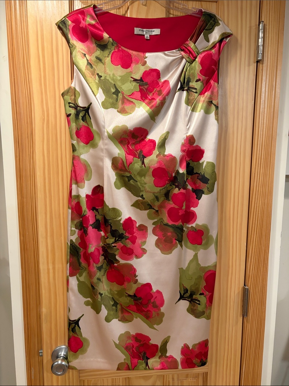 Evan Picone Floral Satin Midi Dress in Pink, Green and Cream